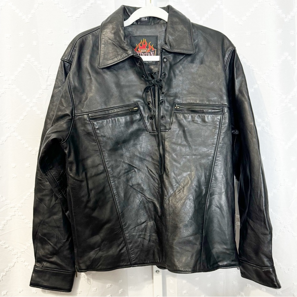 🪩 258. SKINTAN | Black leather pullover long sleeve shirt Mens medium